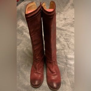 Frye Paige Trapunto red distressed leather riding boots. Size 8m